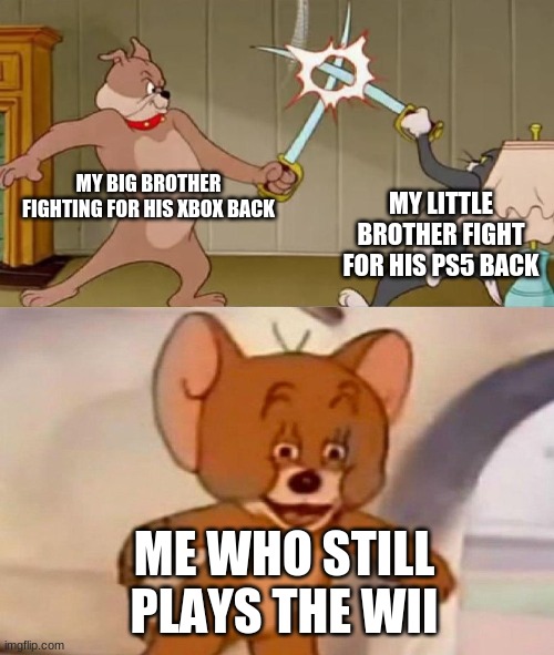 the fam be like | MY BIG BROTHER FIGHTING FOR HIS XBOX BACK; MY LITTLE BROTHER FIGHT FOR HIS PS5 BACK; ME WHO STILL PLAYS THE WII | image tagged in tom and jerry swordfight | made w/ Imgflip meme maker