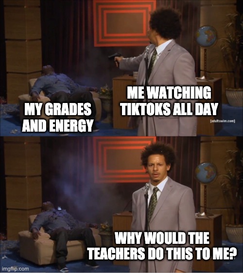 Why teachers, whyyy?! | ME WATCHING TIKTOKS ALL DAY; MY GRADES AND ENERGY; WHY WOULD THE TEACHERS DO THIS TO ME? | image tagged in memes,who killed hannibal | made w/ Imgflip meme maker