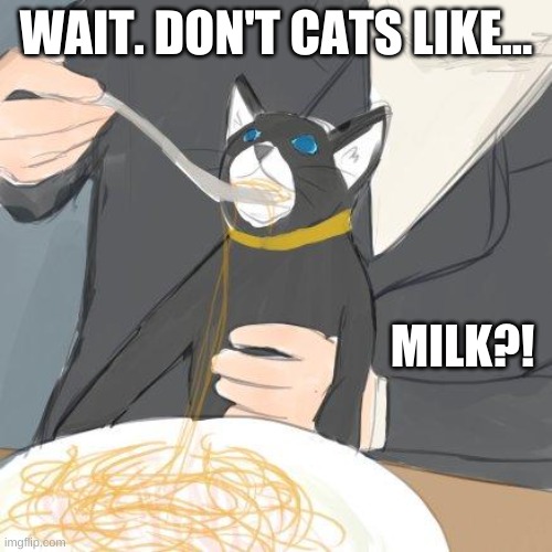 Wait... STOP FEEDING THE CAT SPAGHETTI!!! | WAIT. DON'T CATS LIKE... MILK?! | image tagged in spaghetti morgana | made w/ Imgflip meme maker
