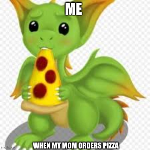 PPPIIIZZZZZZAAA | ME; WHEN MY MOM ORDERS PIZZA | image tagged in dragon with a pizza | made w/ Imgflip meme maker
