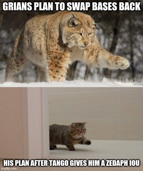 Big and smol cat | GRIANS PLAN TO SWAP BASES BACK; HIS PLAN AFTER TANGO GIVES HIM A ZEDAPH IOU | image tagged in big and smol cat,grian,tango,zedaph,hermitcraft | made w/ Imgflip meme maker