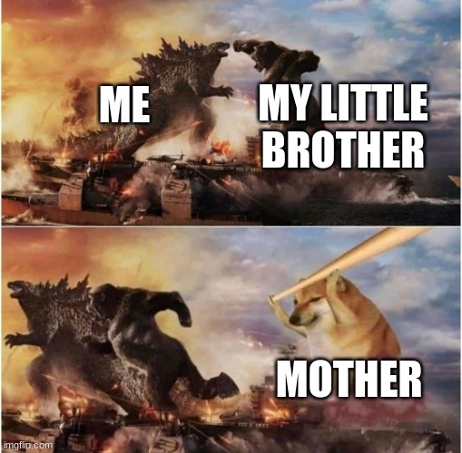Kong Godzilla Doge | MY LITTLE BROTHER; ME; MOTHER | image tagged in kong godzilla doge | made w/ Imgflip meme maker