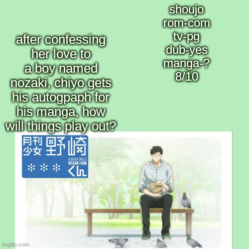 another one to enjoy since i missed a day! have fun watching! | after confessing her love to a boy named nozaki, chiyo gets his autogpaph for his manga, how will things play out? shoujo
rom-com
tv-pg
dub-yes
manga-?
8/10 | image tagged in memes,blank transparent square | made w/ Imgflip meme maker