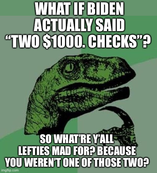 Biden’s promise? 2000? Or 2 x 1000? | WHAT IF BIDEN ACTUALLY SAID “TWO $1000. CHECKS”? SO WHAT’RE Y’ALL LEFTIES MAD FOR? BECAUSE YOU WEREN’T ONE OF THOSE TWO? | image tagged in biden,joe biden,stimulus,gimmedats,liar,you got duped | made w/ Imgflip meme maker