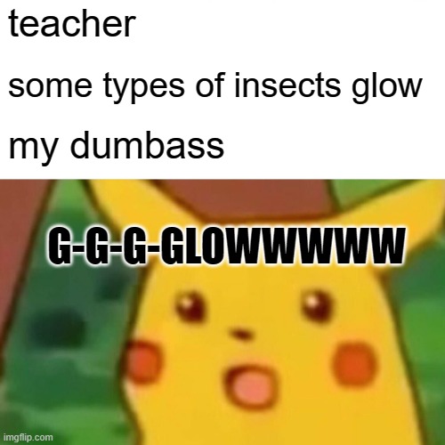 Surprised Pikachu Meme | teacher; some types of insects glow; my dumbass; G-G-G-GLOWWWWW | image tagged in memes,surprised pikachu | made w/ Imgflip meme maker