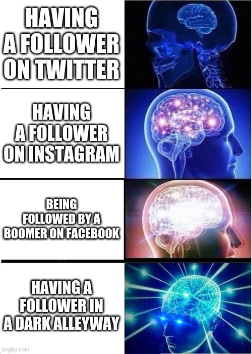 Expanding Brain Meme | HAVING A FOLLOWER ON TWITTER HAVING A FOLLOWER ON INSTAGRAM BEING FOLLOWED BY A BOOMER ON FACEBOOK HAVING A FOLLOWER IN A DARK ALLEYWAY | image tagged in memes,expanding brain | made w/ Imgflip meme maker