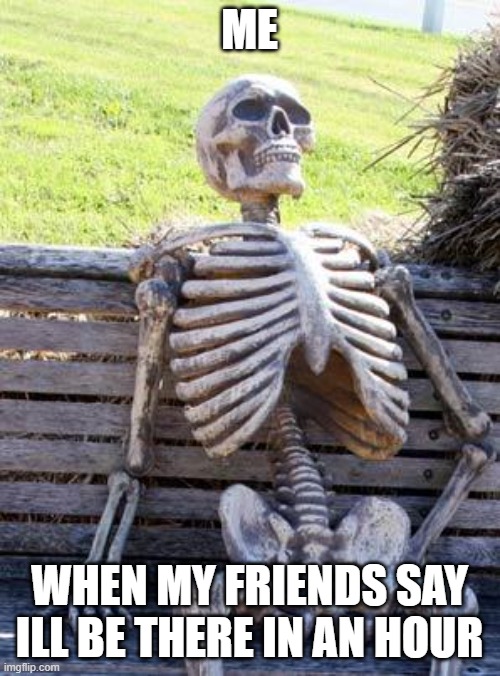 Waiting Skeleton | ME; WHEN MY FRIENDS SAY ILL BE THERE IN AN HOUR | image tagged in memes,waiting skeleton | made w/ Imgflip meme maker
