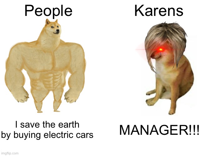 Buff Doge vs. Cheems | People; Karens; I save the earth by buying electric cars; MANAGER!!! | image tagged in memes,buff doge vs cheems | made w/ Imgflip meme maker