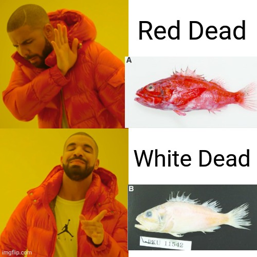 Ordering fishes be like... | Red Dead; White Dead | image tagged in memes,drake hotline bling,funny,what a terrible day to have eyes,sus | made w/ Imgflip meme maker