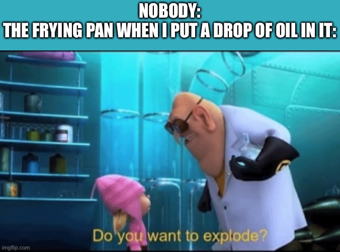 Then everything goes to shit | NOBODY:
THE FRYING PAN WHEN I PUT A DROP OF OIL IN IT: | image tagged in do you want to explode | made w/ Imgflip meme maker