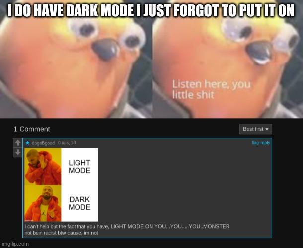 bro calm down | I DO HAVE DARK MODE I JUST FORGOT TO PUT IT ON | image tagged in listen here you little shit bird | made w/ Imgflip meme maker