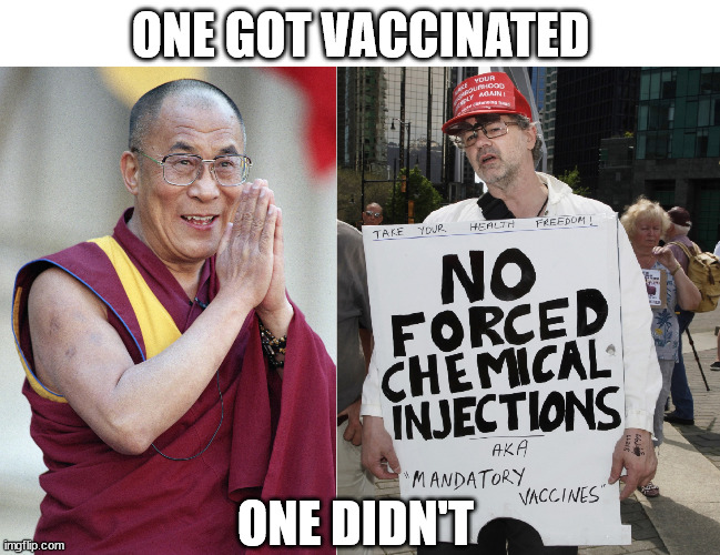 Covid-19 | ONE GOT VACCINATED; ONE DIDN'T | image tagged in dalai lama,covidiots,vaccines,covid-19 | made w/ Imgflip meme maker