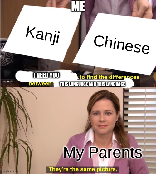 They're The Same Picture | ME; Kanji; Chinese; I NEED YOU; THIS LANGUAGE AND THIS LANGUAGE; My Parents | image tagged in memes,they're the same picture | made w/ Imgflip meme maker