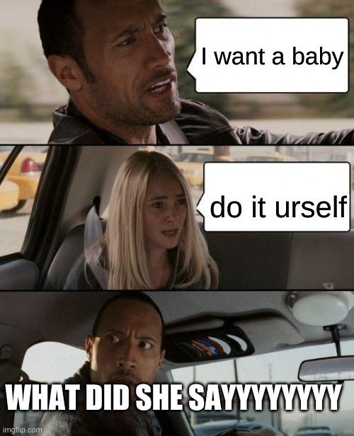 When you ask a dum question | I want a baby; do it urself; WHAT DID SHE SAYYYYYYYY | image tagged in memes,the rock driving | made w/ Imgflip meme maker