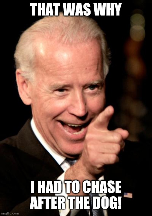 Smilin Biden Meme | THAT WAS WHY I HAD TO CHASE AFTER THE DOG! | image tagged in memes,smilin biden | made w/ Imgflip meme maker