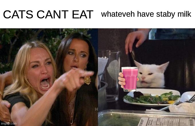 Woman Yelling At Cat Meme | CATS CANT EAT; whateveh have staby milk | image tagged in memes,woman yelling at cat | made w/ Imgflip meme maker