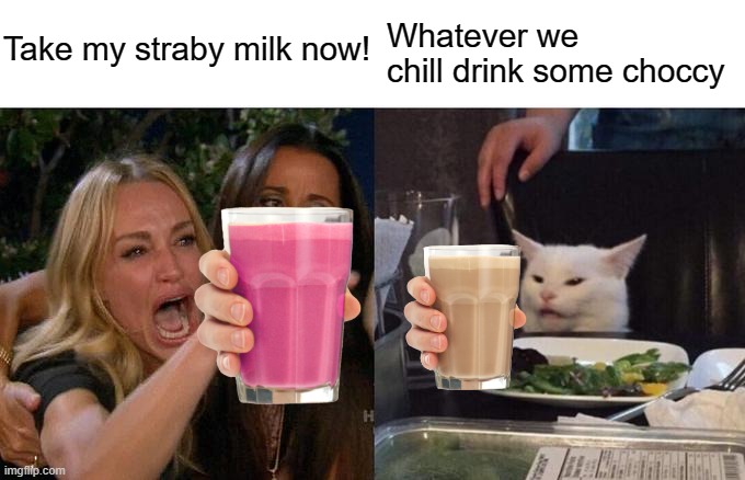 Go choccy | Take my straby milk now! Whatever we chill drink some choccy | image tagged in memes,woman yelling at cat,straby milk,choccy milk,have some choccy milk | made w/ Imgflip meme maker