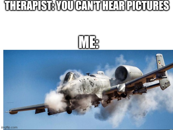 A-10 go brrrrrrrrrrrrrrrrrrrrrrrrrt | THERAPIST: YOU CAN'T HEAR PICTURES; ME: | image tagged in therapist | made w/ Imgflip meme maker