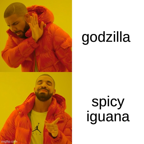 spicy iguana vs. big monkey. who will win? | godzilla; spicy iguana | image tagged in memes,drake hotline bling | made w/ Imgflip meme maker