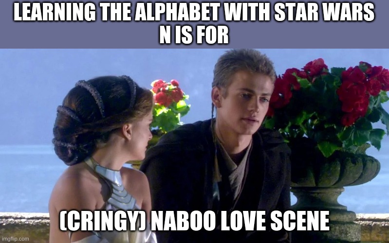 Learning the alphabet with Star Wars | LEARNING THE ALPHABET WITH STAR WARS
N IS FOR; (CRINGY) NABOO LOVE SCENE | image tagged in anakin and padme on naboo | made w/ Imgflip meme maker