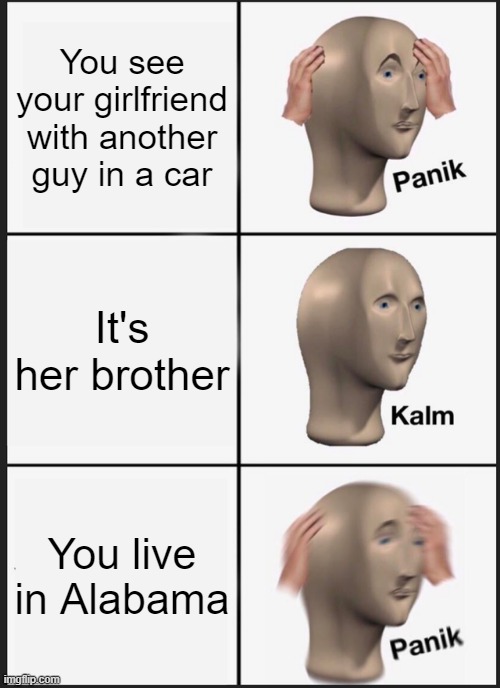 Panik Kalm Panik | You see your girlfriend with another guy in a car; It's her brother; You live in Alabama | image tagged in memes,panik kalm panik | made w/ Imgflip meme maker