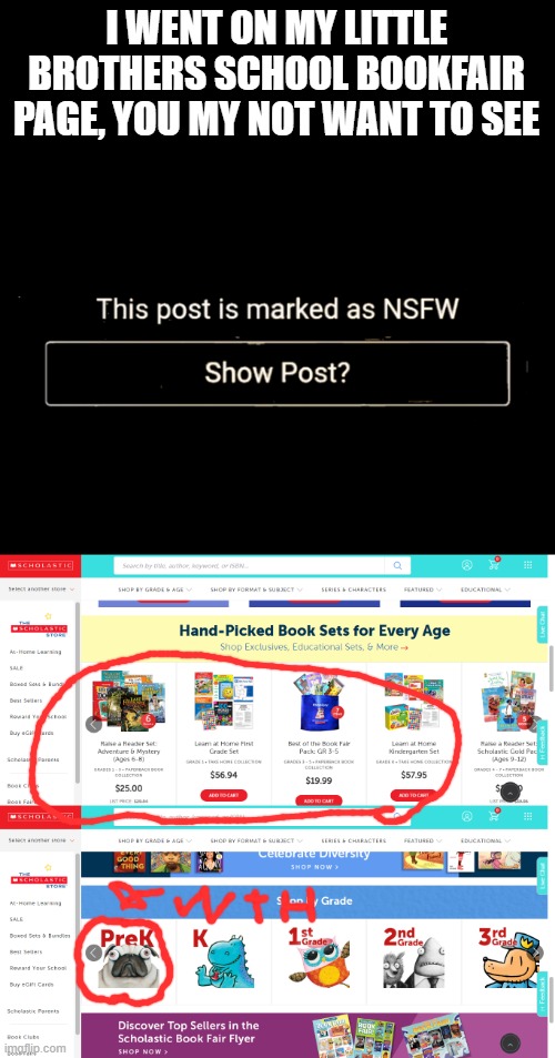 I WENT ON MY LITTLE BROTHERS SCHOOL BOOKFAIR PAGE, YOU MY NOT WANT TO SEE | image tagged in memes,blank transparent square | made w/ Imgflip meme maker