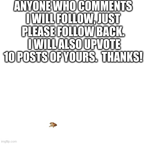help each other out! |  ANYONE WHO COMMENTS I WILL FOLLOW, JUST PLEASE FOLLOW BACK.  I WILL ALSO UPVOTE 10 POSTS OF YOURS.  THANKS! | image tagged in memes,blank transparent square,followers,free followers,upvotes | made w/ Imgflip meme maker