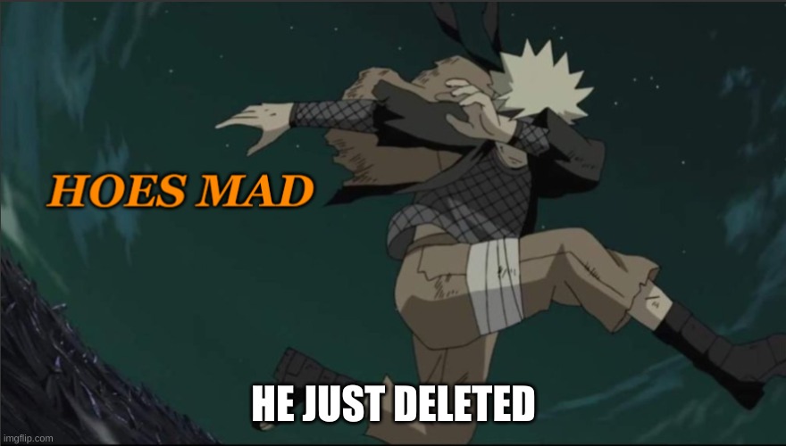 Ffa6 is no more. | HE JUST DELETED | image tagged in naruto hoes mad | made w/ Imgflip meme maker