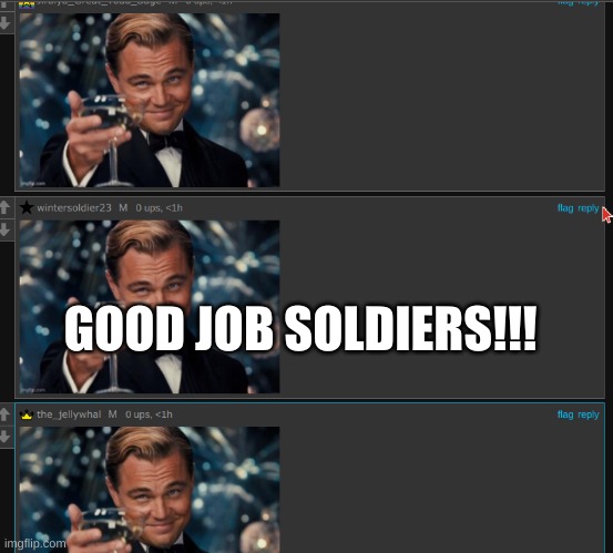 GOOD JOB SOLDIERS!!! | image tagged in leonardo dicaprio cheers | made w/ Imgflip meme maker