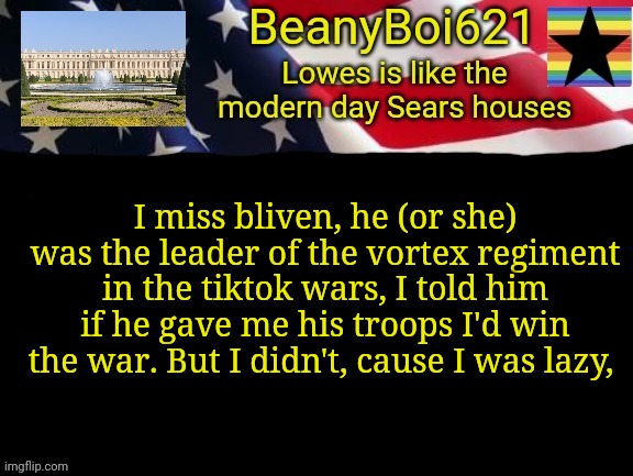A bit of history for ya | I miss bliven, he (or she) was the leader of the vortex regiment in the tiktok wars, I told him if he gave me his troops I'd win the war. But I didn't, cause I was lazy, | image tagged in american beany | made w/ Imgflip meme maker