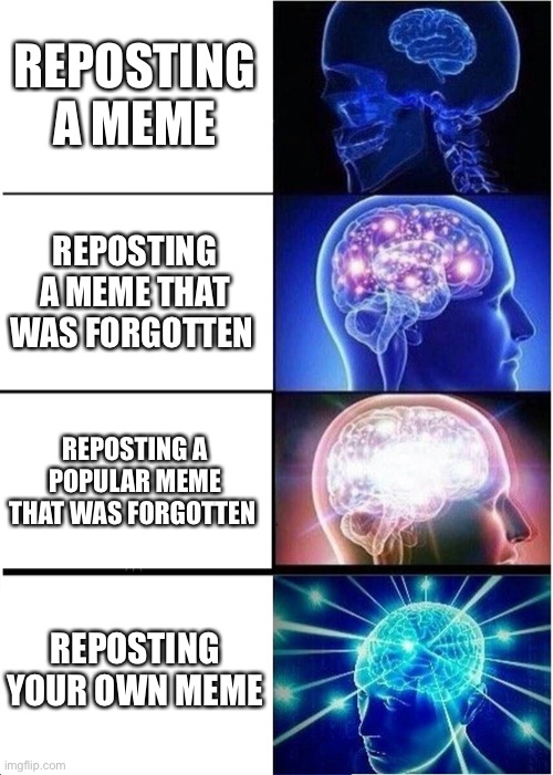 Reposting your own meme is big brain | REPOSTING A MEME; REPOSTING A MEME THAT WAS FORGOTTEN; REPOSTING A POPULAR MEME THAT WAS FORGOTTEN; REPOSTING YOUR OWN MEME | image tagged in memes,expanding brain | made w/ Imgflip meme maker