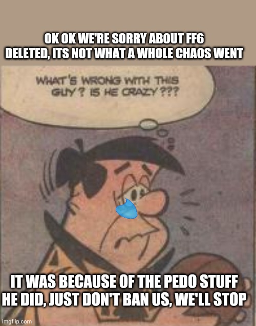 Our apologies our messages | OK OK WE'RE SORRY ABOUT FF6 DELETED, ITS NOT WHAT A WHOLE CHAOS WENT; IT WAS BECAUSE OF THE PEDO STUFF HE DID, JUST DON'T BAN US, WE'LL STOP | image tagged in apology,ff6,sad,crying,tears,i'm sorry | made w/ Imgflip meme maker