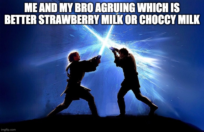 lightsaber battle | ME AND MY BRO AGRUING WHICH IS BETTER STRAWBERRY MILK OR CHOCCY MILK | image tagged in lightsaber battle | made w/ Imgflip meme maker