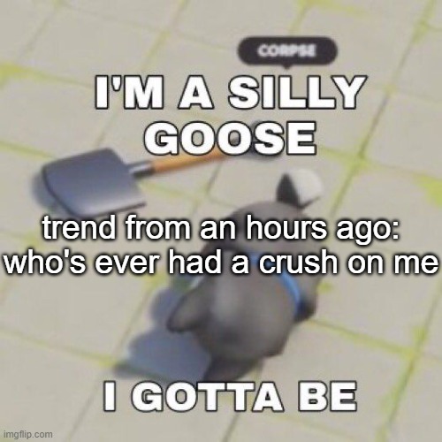 silly goose | trend from an hours ago: who's ever had a crush on me | image tagged in silly goose | made w/ Imgflip meme maker