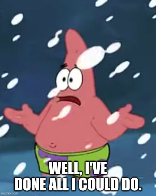 I've done all I can do Patrick | WELL, I'VE DONE ALL I COULD DO. | image tagged in i've done all i can do patrick | made w/ Imgflip meme maker