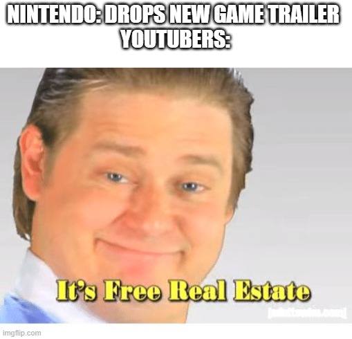 It's Free Real Estate | NINTENDO: DROPS NEW GAME TRAILER 
YOUTUBERS: | image tagged in it's free real estate | made w/ Imgflip meme maker