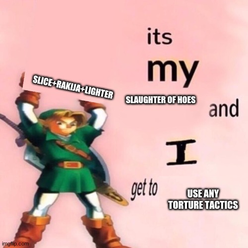 BURRRRRN BUUUUUUUURN | SLICE+RAKIJA+LIGHTER; SLAUGHTER OF HOES; USE ANY TORTURE TACTICS | image tagged in it's my ___ and i get to ____ | made w/ Imgflip meme maker