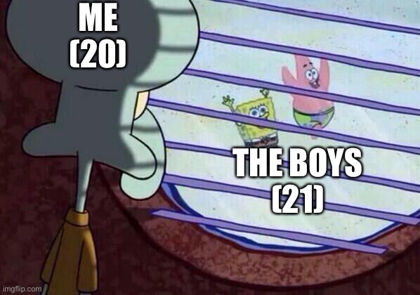 Squidward window |  ME
(20); THE BOYS
(21) | image tagged in squidward window | made w/ Imgflip meme maker
