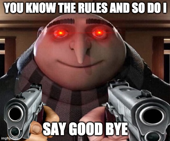 SAY GOOD BYE | YOU KNOW THE RULES AND SO DO I; SAY GOOD BYE | image tagged in gru gun | made w/ Imgflip meme maker