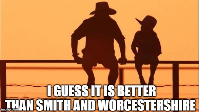 Cowboy father and son | I GUESS IT IS BETTER THAN SMITH AND WORCESTERSHIRE | image tagged in cowboy father and son | made w/ Imgflip meme maker