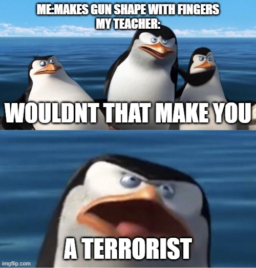 teachrs | ME:MAKES GUN SHAPE WITH FINGERS
MY TEACHER:; WOULDNT THAT MAKE YOU; A TERRORIST | image tagged in wouldn't that make you | made w/ Imgflip meme maker