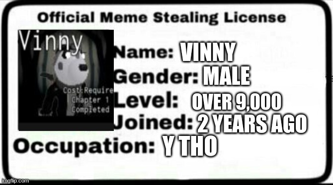 Meme Stealing License |  VINNY; MALE; OVER 9,000; 2 YEARS AGO; Y THO | image tagged in meme stealing license | made w/ Imgflip meme maker