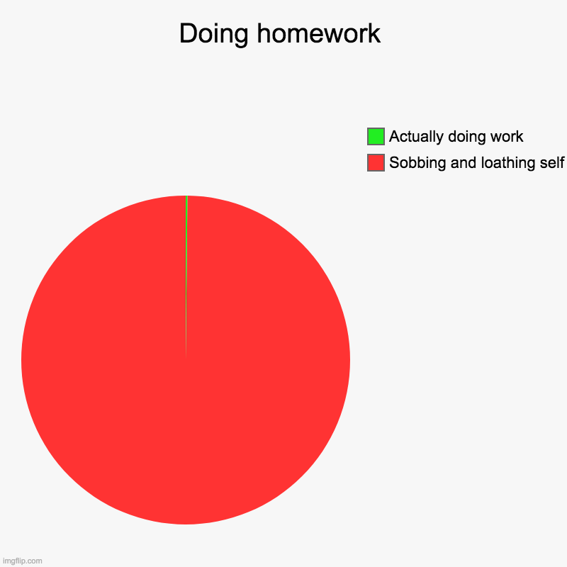 Ah yes homework | Doing homework | Sobbing and loathing self, Actually doing work | image tagged in charts,pie charts | made w/ Imgflip chart maker