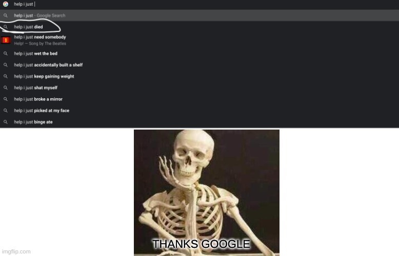 Help I just laughed | THANKS GOOGLE | image tagged in skeleton | made w/ Imgflip meme maker