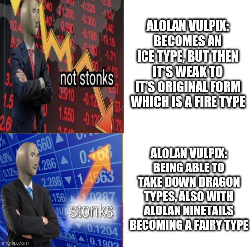Stonks not stonks | ALOLAN VULPIX: BECOMES AN ICE TYPE, BUT THEN IT'S WEAK TO IT'S ORIGINAL FORM WHICH IS A FIRE TYPE; ALOLAN VULPIX: BEING ABLE TO TAKE DOWN DRAGON TYPES, ALSO WITH ALOLAN NINETAILS BECOMING A FAIRY TYPE | image tagged in stonks not stonks | made w/ Imgflip meme maker
