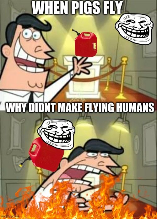 lol | WHEN PIGS FLY; WHY DIDNT MAKE FLYING HUMANS | image tagged in memes,this is where i'd put my trophy if i had one | made w/ Imgflip meme maker