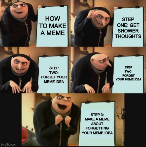 5 panel gru meme | HOW TO MAKE A MEME; STEP ONE: GET SHOWER THOUGHTS; STEP TWO: FORGET YOUR MEME IDEA; STEP TWO: FORGET YOUR MEME IDEA; STEP 3: MAKE A MEME ABOUT FORGETTING YOUR MEME IDEA | image tagged in 5 panel gru meme | made w/ Imgflip meme maker