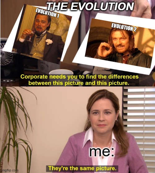 They're The Same Picture Meme | THE EVOLUTION; me: | image tagged in memes,they're the same picture | made w/ Imgflip meme maker