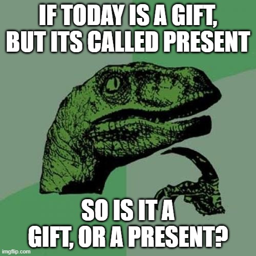 Philosoraptor Meme | IF TODAY IS A GIFT, BUT ITS CALLED PRESENT; SO IS IT A GIFT, OR A PRESENT? | image tagged in memes,philosoraptor | made w/ Imgflip meme maker