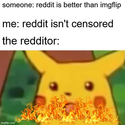 imgflip over reddit | someone: reddit is better than imgflip; me: reddit isn't censored; the redditor: | image tagged in memes,surprised pikachu | made w/ Imgflip meme maker